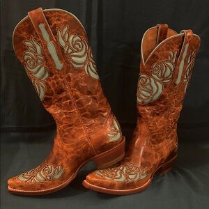 ARIAT Brown/ Turquoise Leather Western Cowboy Boots Floral Design size 8